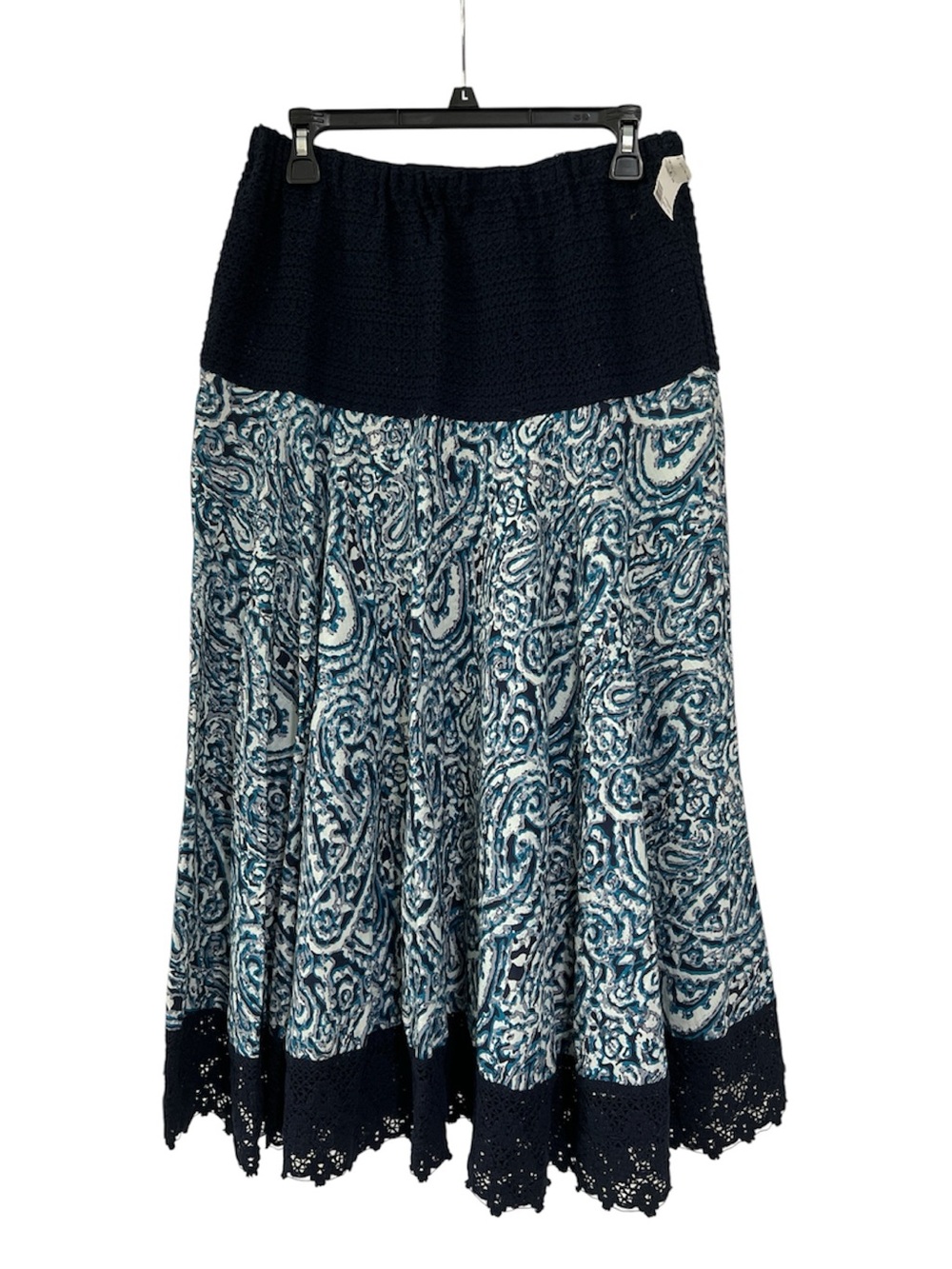 Westport Navy and Teal Paisley Crochet-Hem Maxi Skirt